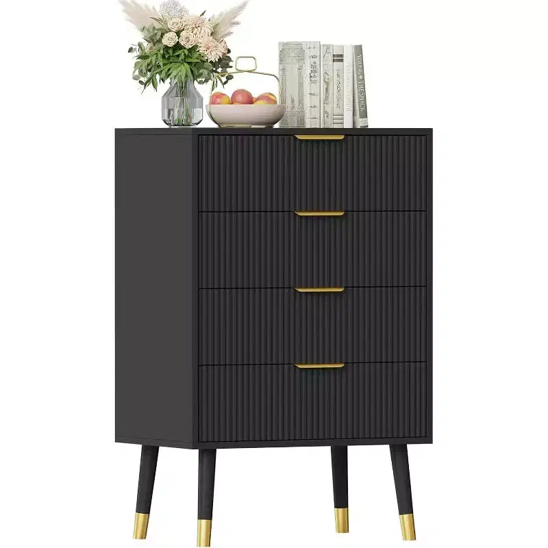 Tall 4 Drawer Dresser, Fluted Wood Chest of Drawers with Gold Handles, Vertical Storage Cabinet for Bedroom, Living Room