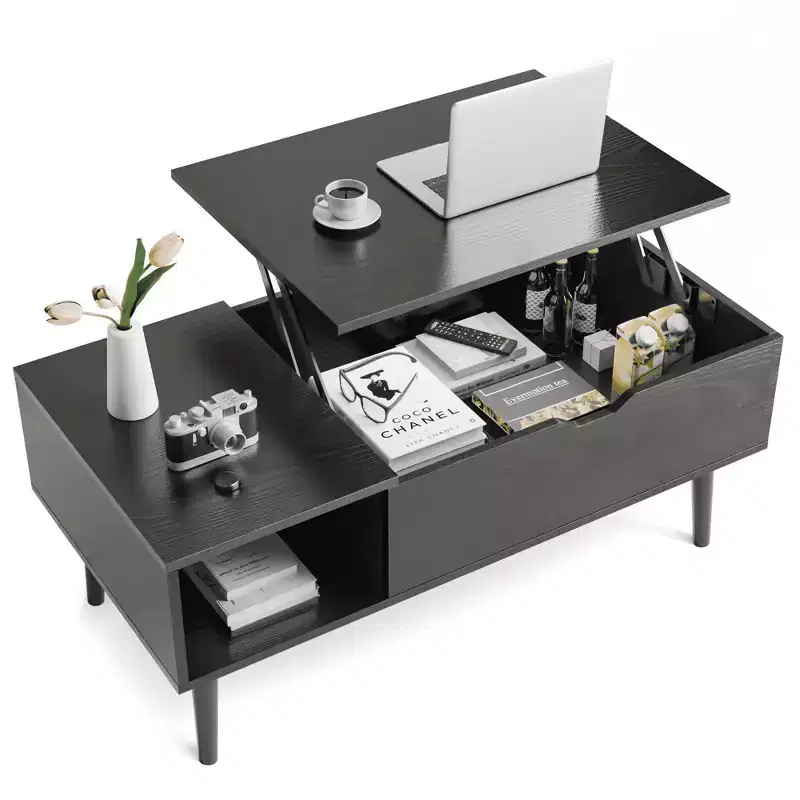 Lift Top Coffee Table with Hidden Storage and Side Shelves, Black