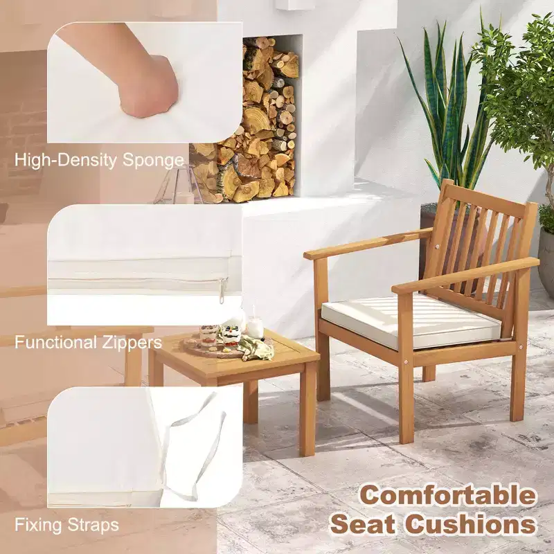 Costway 3 PCS Patio Wood Furniture Set Acacia Wood Chairs & Coffee Table with soft Cushions Grey/White