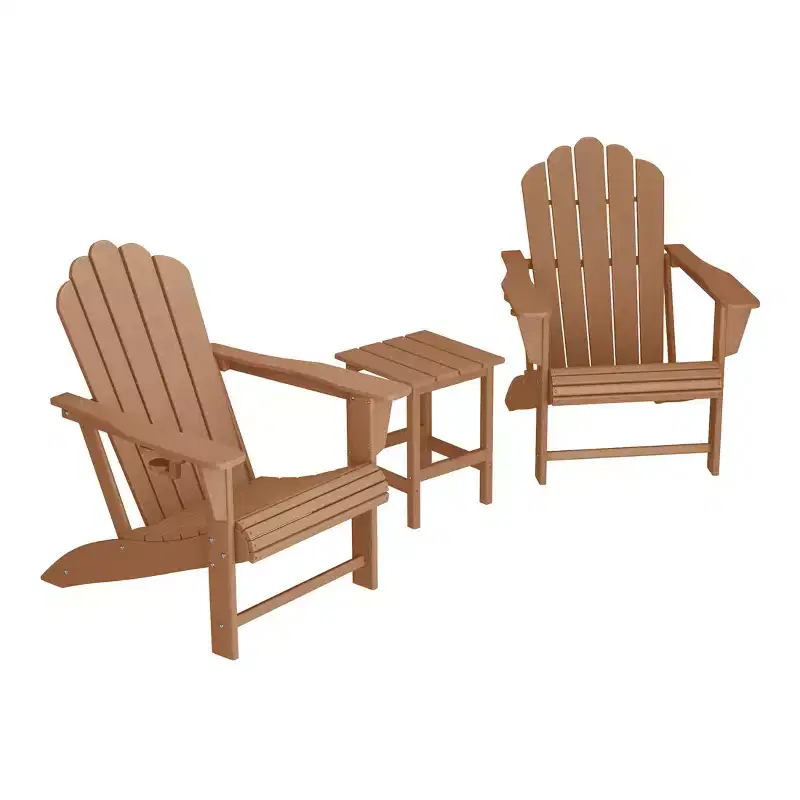 WestinTrends Highland 3-Piece Outdoor Patio HDPE Adirondack Chair With Cup Holder and Table Set, Teak