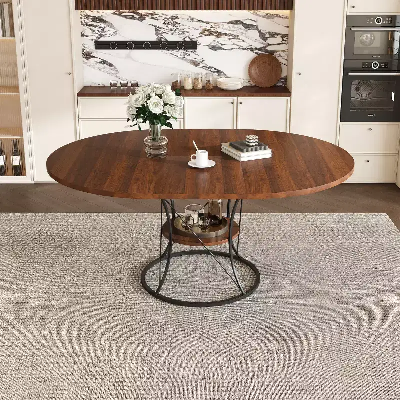 4359 Extendable Round Dining Table for 46, Kitchen Table with Storage Shelf and Metal Base for dining room-Panipeachy