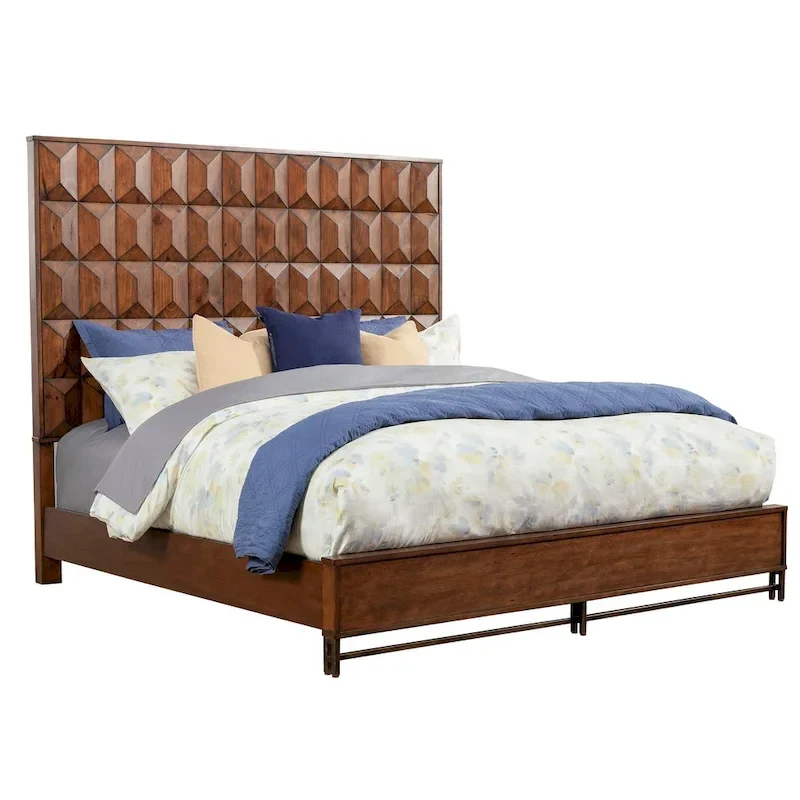Panel Bed with Oversized Headboard – Mahogany Brown, Pine Solids & Veneer, Bronze Legs, Queen / King / Cal King