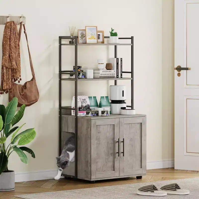 55Cat Litter Box Enclosure, Hidden Cat Washroom Cabinet with 2 Tier Storage Shelves and Doors, Hidden Litter Box Furniture for Plants, Food & Decor