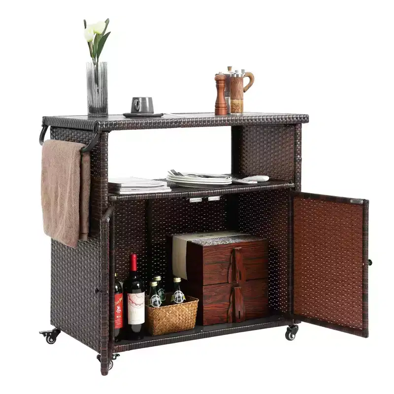 Outdoor Wicker Bar Serving Cart with Glass Tabletop, Rolling, Black & Brown, 35