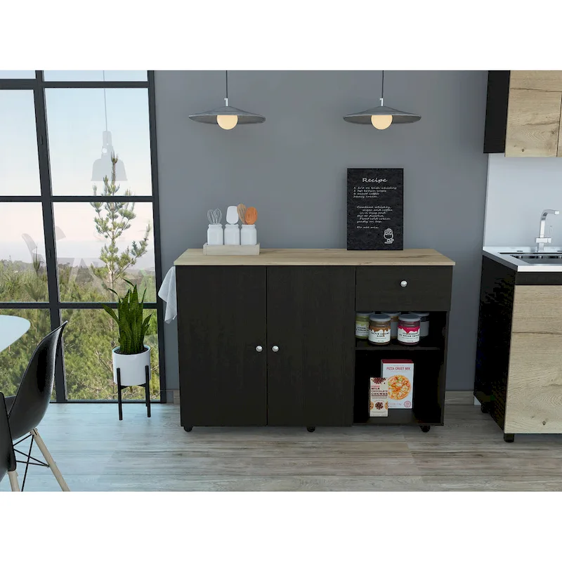 Kitchen Island with 4 Interior Shelves, Casters, Drawer and Double Door Cabinet