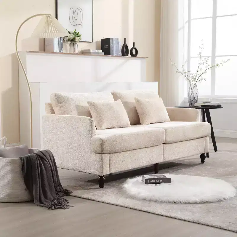 PexFix 69 Mid Century Modern Chenille Fabric Loveseat Sofa 2-Seat Upholstered Loveseat Sofa Couch for Living Room Bedroom Brown Wood Feet Sofa