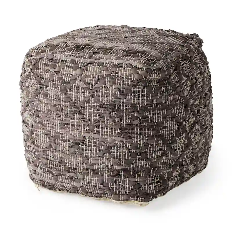 Grey Patterned Leather & Cotton Square Pouf
