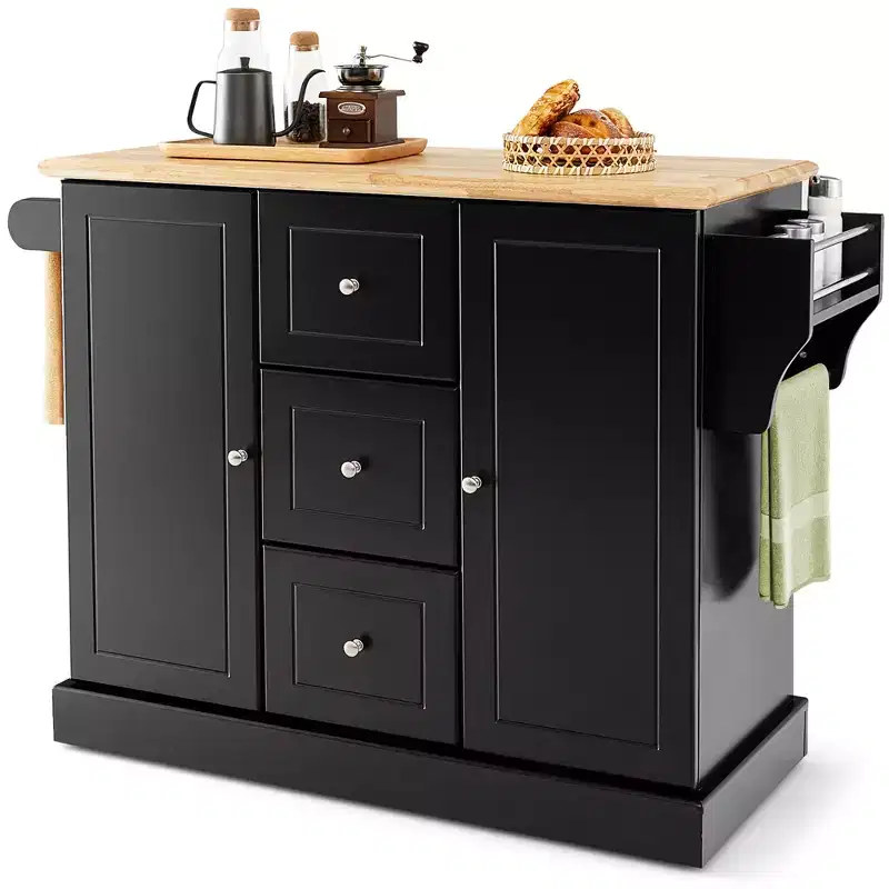 Rolling Kitchen Island Cart with Drawers, Cabinets & Spice Rack – Rubber Wood Top, Black/White