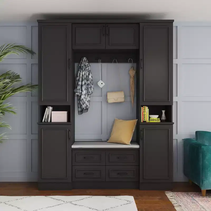 Black 6-Door Wardrobe Closet Hall Tree with Bench, Hanging Rods and Hooks