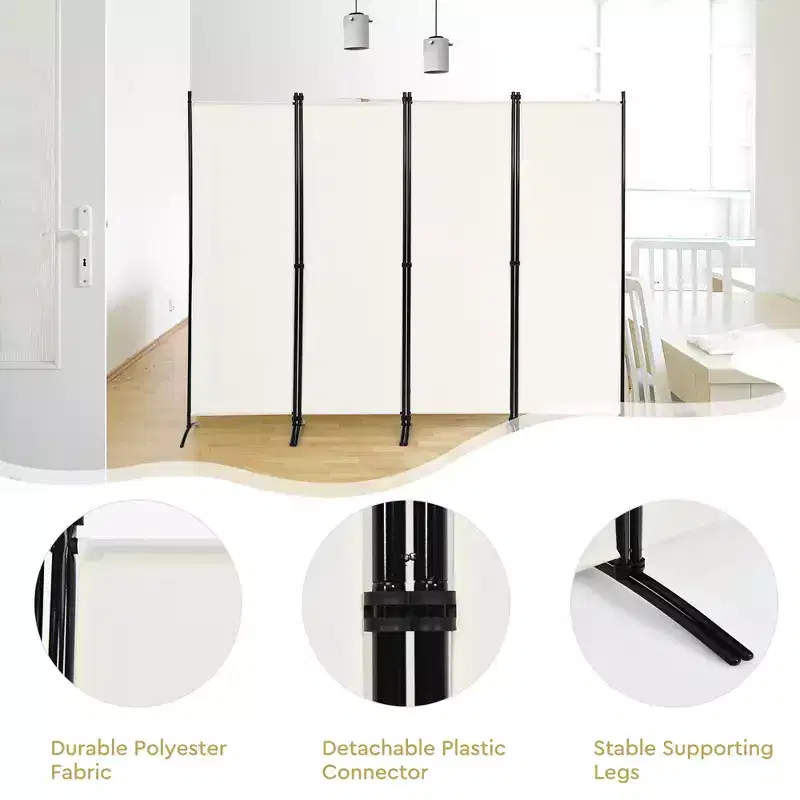4-Panel 5.6ft Room Divider Folding Fabric Privacy Screen with Steel Frame White/Black/Brown