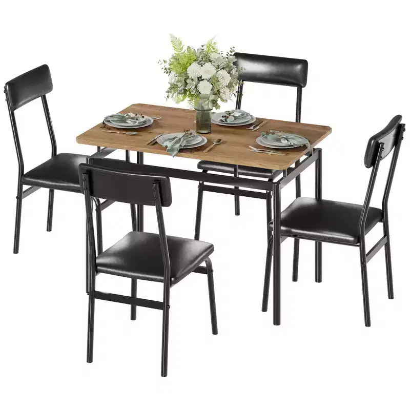 5 Piece Dining Table Set, with 4 PU Upholstered Chair