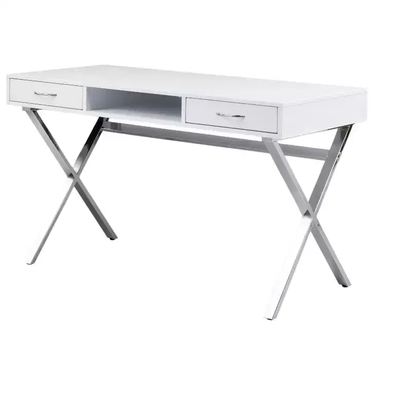 HomeRoots 47 White and Silver Wood and Metal Computer Desk With Two Drawers