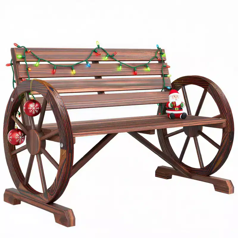 Outsunny Wooden Wagon Wheel Bench Rustic Outdoor Patio Furniture, 2-Person Seat Bench with Backrest