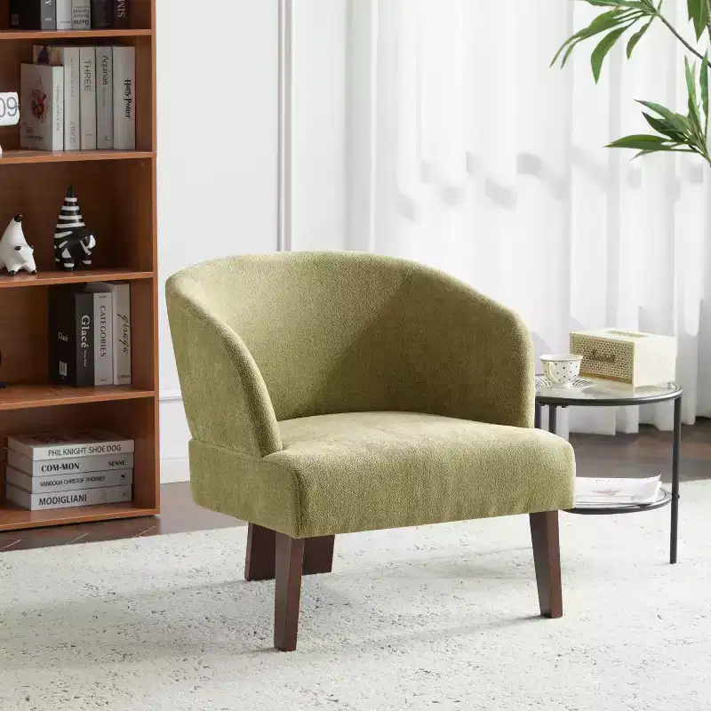 Modern Accent Chair with Round Back and Wooden Legs, Soft Fabric Upholstery, for Living Room or Office