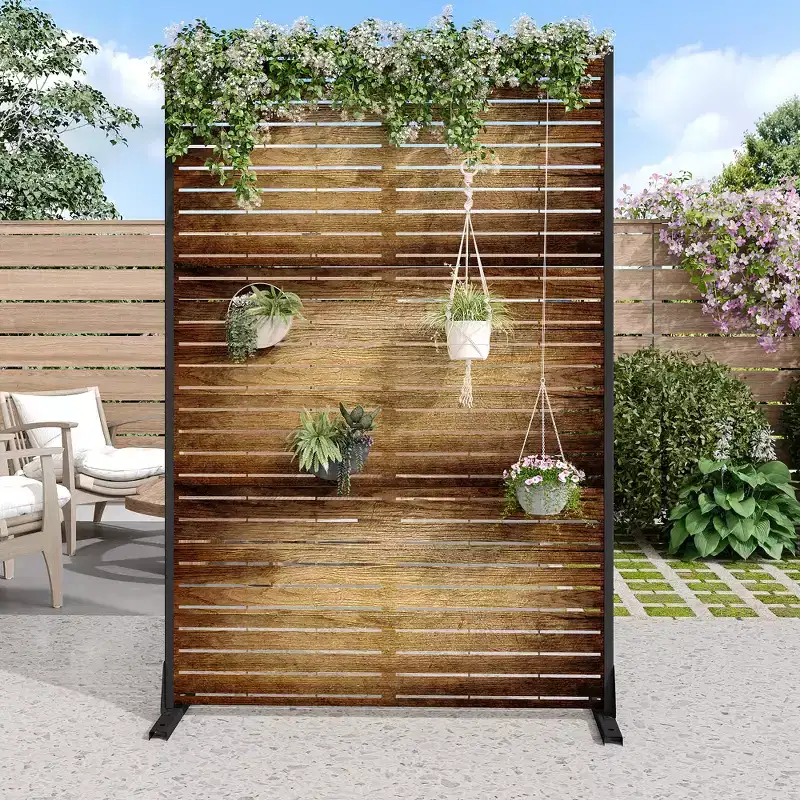 MAYEERTY 72 inch Room Divider with Galvanized Frame Wood Gain Privacy Screen Garden Fence Patio Brown