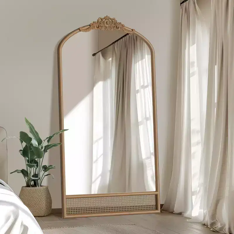 37 in. W x 71 in. H Classic Carved Arch Wood Frame with Rattan Bottom Wall Mirror in Brown