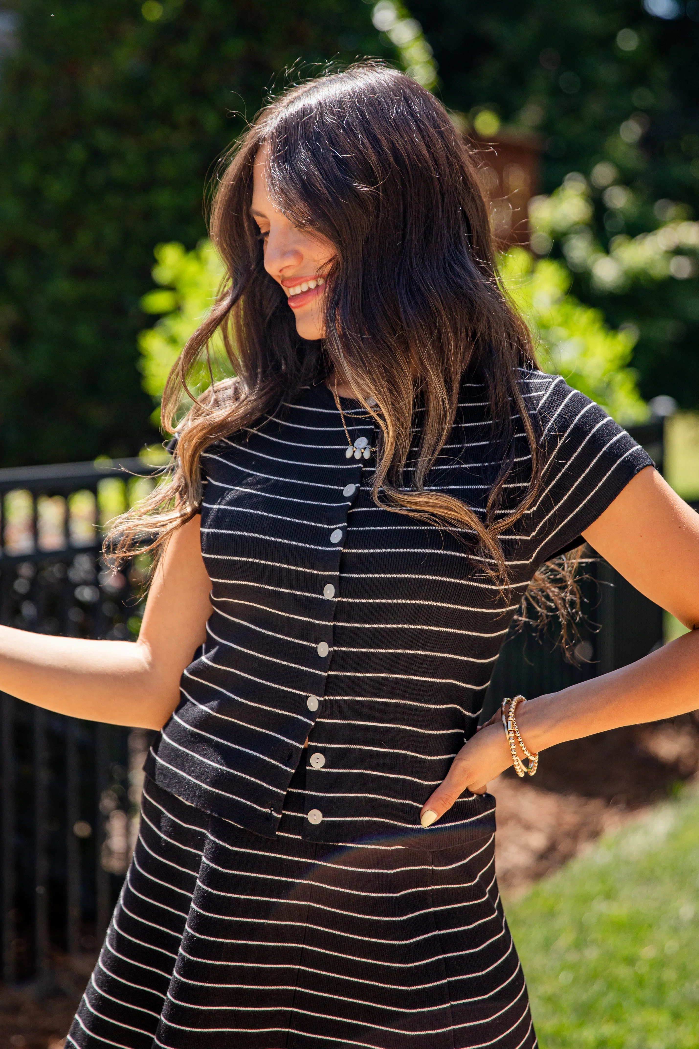 Stripe Button Front Fitted Capped Sleeve Top