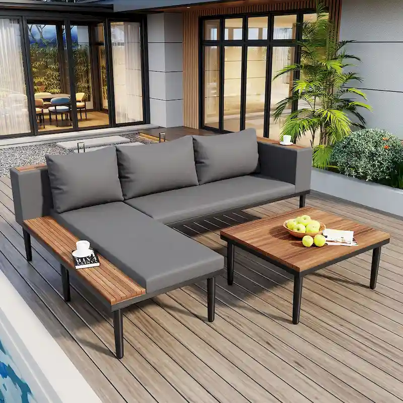 Luxury Patio Furniture Set with Removable Cushions and Coffee Table, L-Shaped Acacia Wood Sofa with Side Table