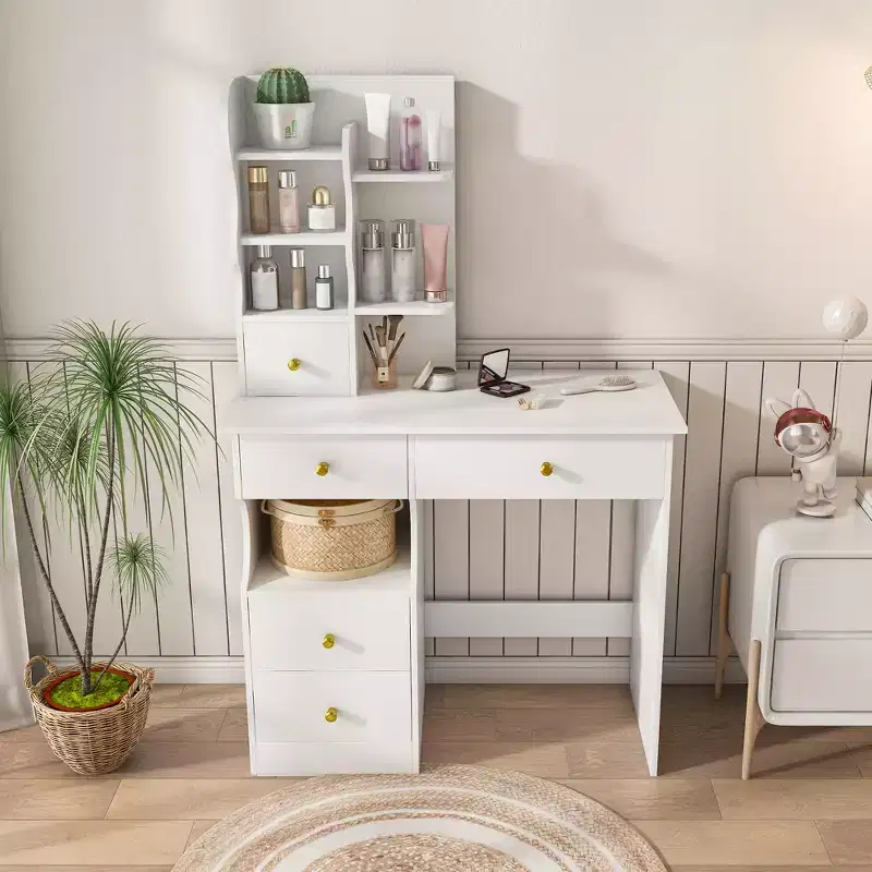 Modern Dressing Table With 5 Drawers, 3-Color LED Touchscreen, and Storage Organizer for Womens and Girls Bedrooms.