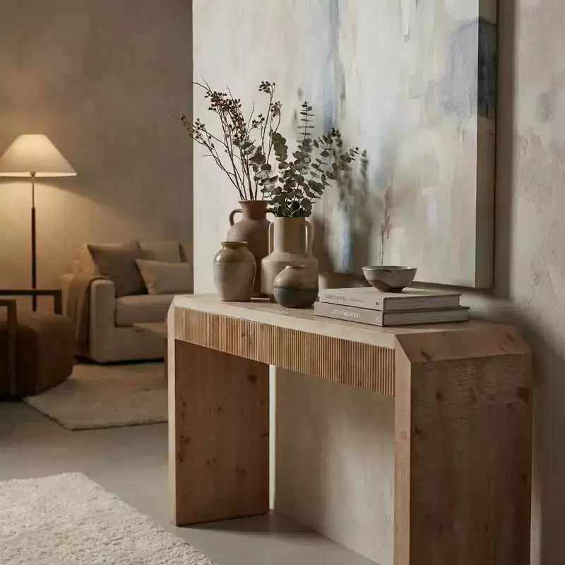 Homy Casa 52 Wood Console Table with Drawer and Ribbed Detail, Natural Finish