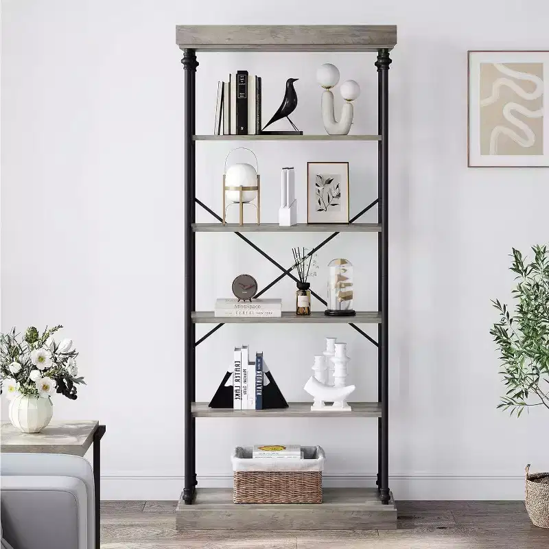 6 Tier Wooden Industrial Bookshelf,Open Shelf with Metal Frame,Large Grey Display Shelf for Bedroom,Living Room,Office