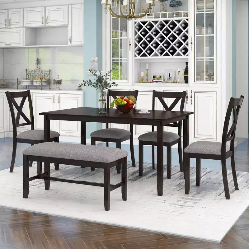 Whisen 6-Piece Wooden Rectangular Kitchen Dining Table Set with 4 Fabric Chairs and Bench