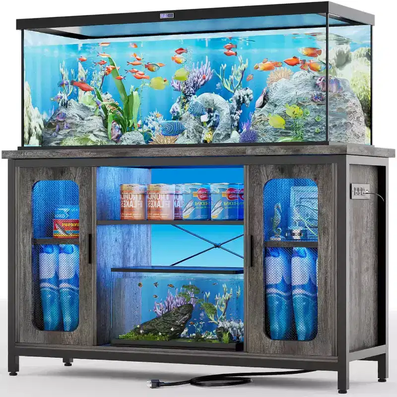 Besiost Console Table with Charging Station, 55-75 Gallon Fish Tank Stand with Storage Cabinet