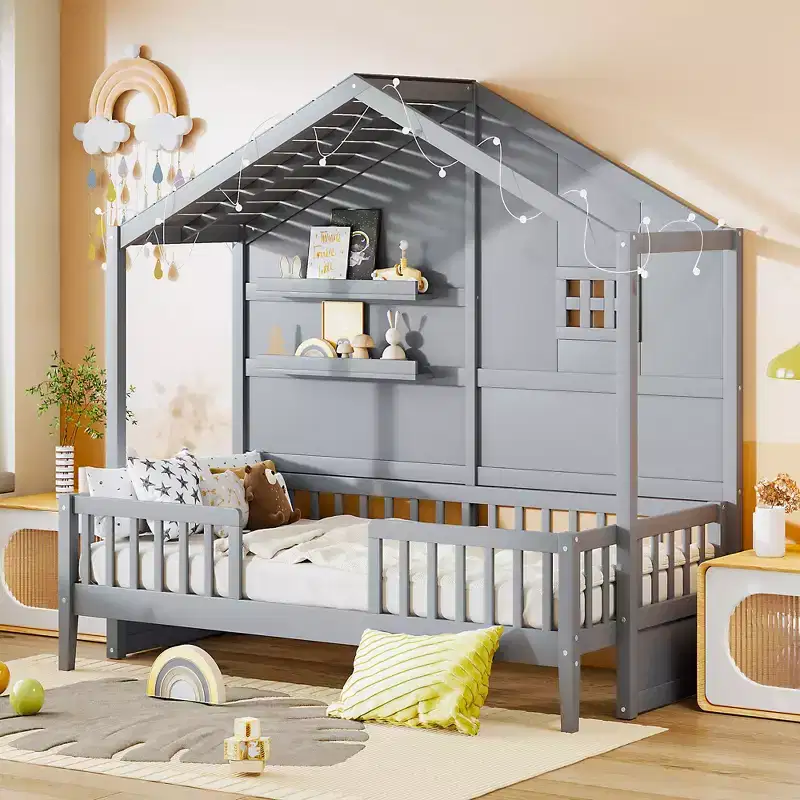 Twin Size House Bed with Storage Shelves and Rails, Wood Kids Montessori Bed Frame with Window and Sparkling Light Strip