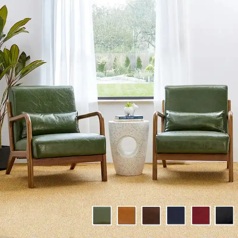 Glitzhome Set of 2 30.75H Mid-Century Modern PU Leather Accent Chairs with Cushion - 25.75W x 33.75D x 30.75H