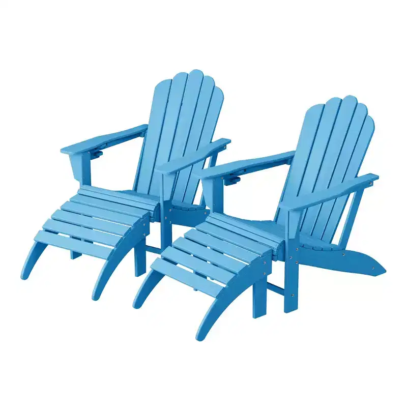 WestinTrends Highland 4-Piece Outdoor Patio HDPE Adirondack Chairs With Ottomans and Cup Holder Set, Pacific Blue