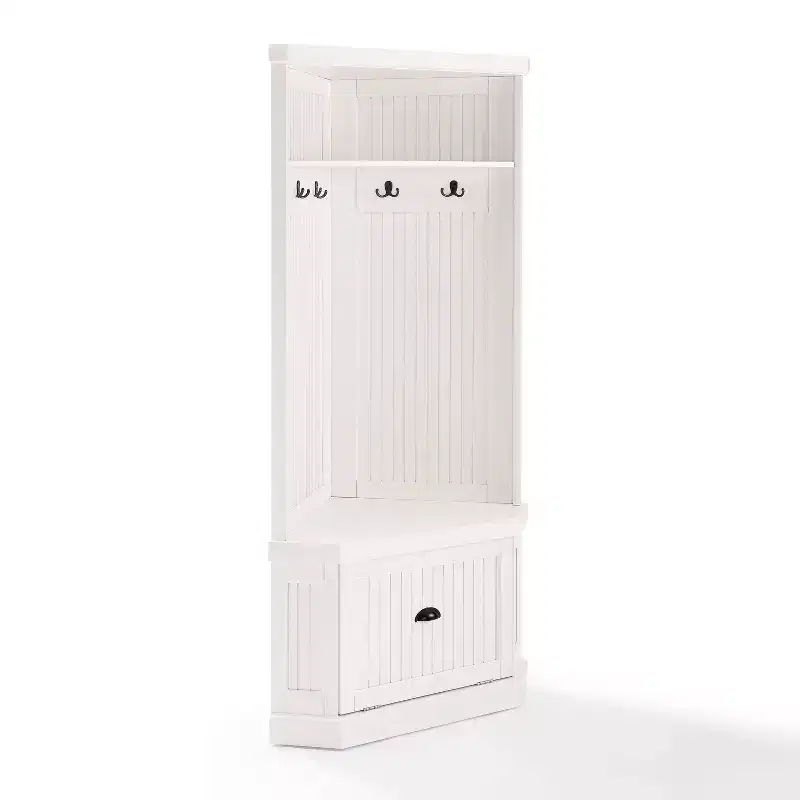 Seaside Corner Hall Tree Distressed White: Entryway Organizer with Shoe Storage, 4 Hooks