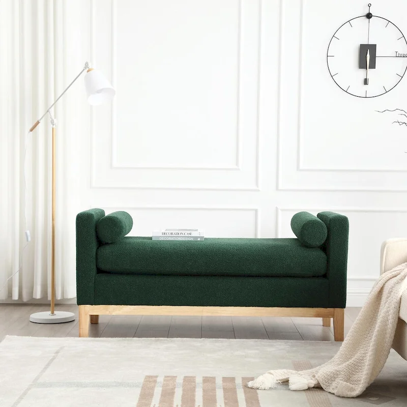 Elegant 53.5 Upholstered Ottoman Bench with Wood Legs & Bolster Pillows