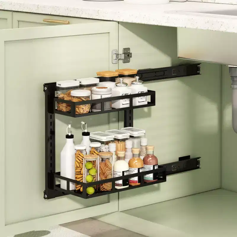 Under Sink Storage Organiser, 2 Tier Carbon Steel Pull Out Cabinet Organizer Rack with Sliding Basket, Under Sink Slide Out Storage Shelf