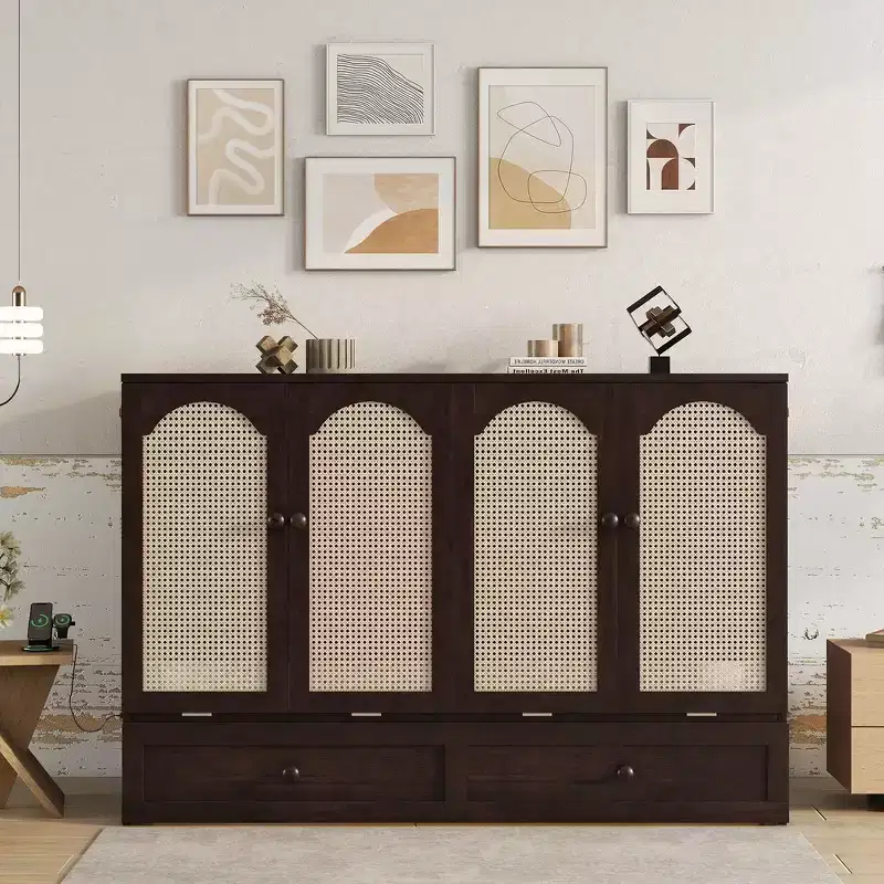 Whisen Queen Murphy Bed Cabinet with Charging Station & Rattan Decor, Space-Saving, Sturdy Pine Wood Frame(Upgraded)