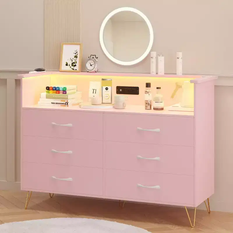 Pink Dresser 6 Drawers Wooden Dressers with Open Space, Modern Chest of Double Wide Drawers for Living Room, Entryway, Hallway TV Stand