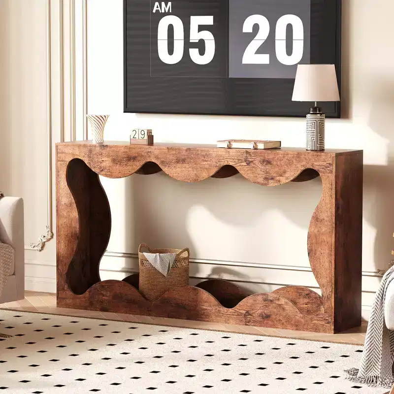 Rustic-style round-edge console table, 63 inches, with storage shelves, space-saving, suitable for entryway, living room, or hallway