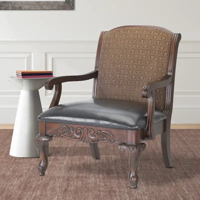 Traditional Carved Accent Chair | Walnut Solid Birch Frame | Brown Faux Leather & Jacquard Seat