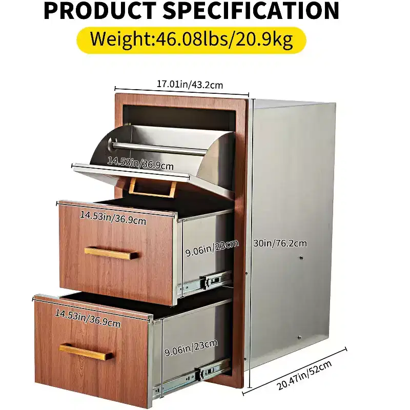 Triple Flush Mount Outdoor Kitchen Drawers with Stainless Steel Handle & Paper Towel Holder