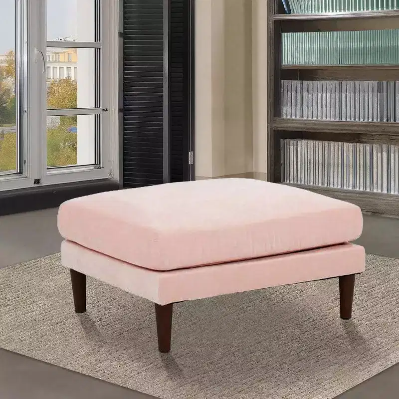 32 Inch Modular Ottoman with Box Cushion Seat, Wood Legs, Blush Pink