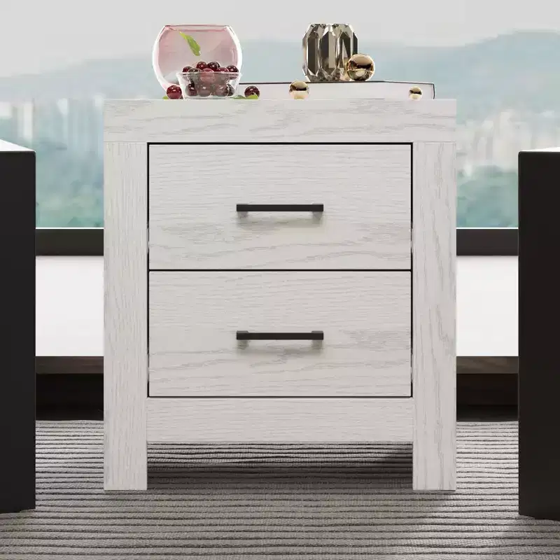 Two Drawer Nightstand Woodgrain Accent Vertical Storage Cabinet Bedside Table