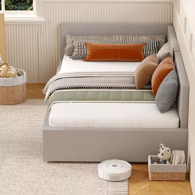 Twin Daybed with Guardrails, Velvet Upholstered Corner Bed Frame with Headboard for Kids Bedroom