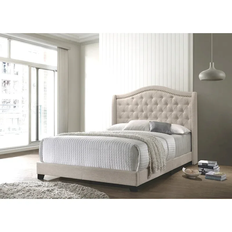 Beige Demi-Wing Button-Tufted Upholstered Bed with Nailhead Trim and Black Wood Legs – Toddler, Twin, Twin XL, Full, Queen or King