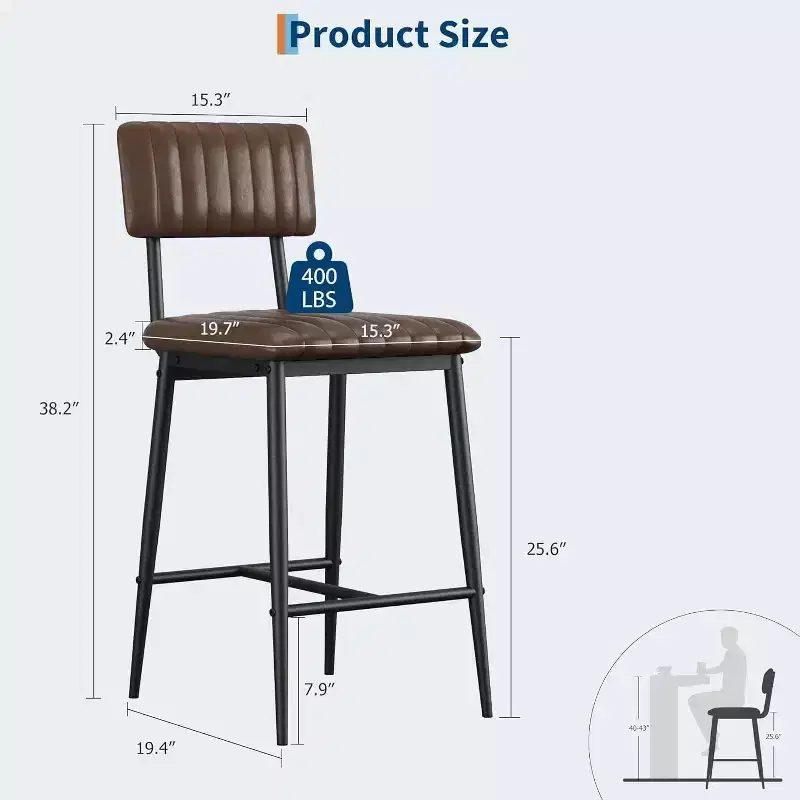 Bar Stools Set of 2, Tall Bar Chairs with Thick Cushion & Thickened Metal Legs, PU Leather Counter Height Barstools, for Island, Counter Bar