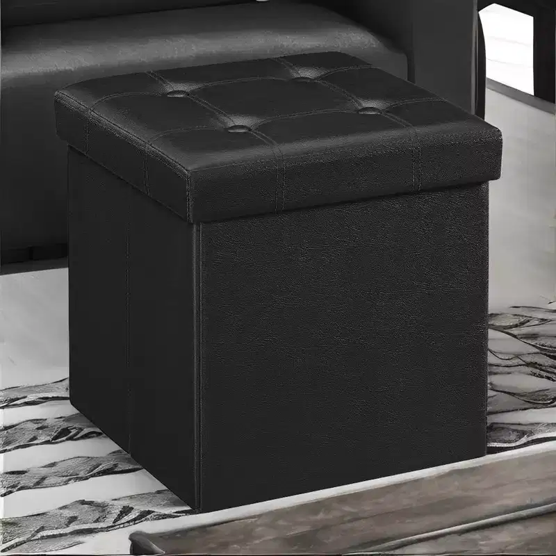 SONGMICS 15 Inches Folding Storage Ottoman, Cube Footrest, Coffee Table with Hole Handles, Faux Leather