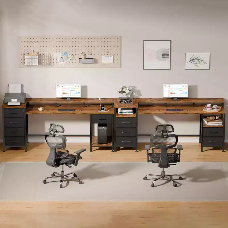 61 Inch Brown Gaming Desk with Charging Station, RGB LED Lights & 5 Reversible Fabric Drawers