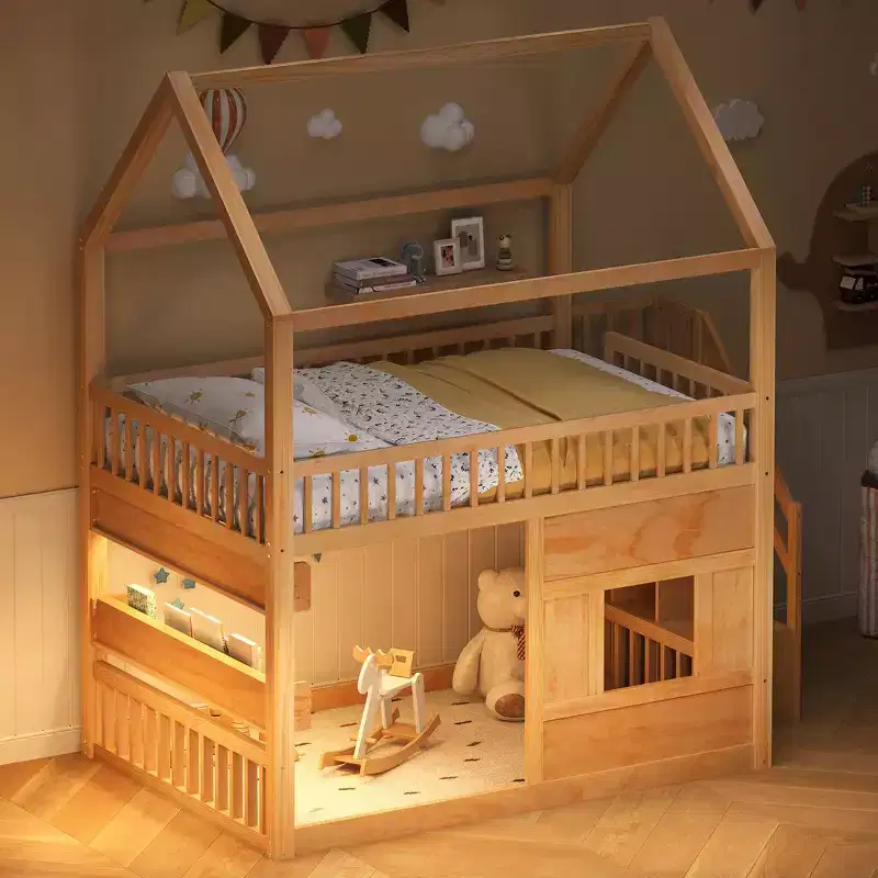 Whisen Full size Wooden House Bed with Built-in Shelf, Sturdy Construction, Safe Guardrails