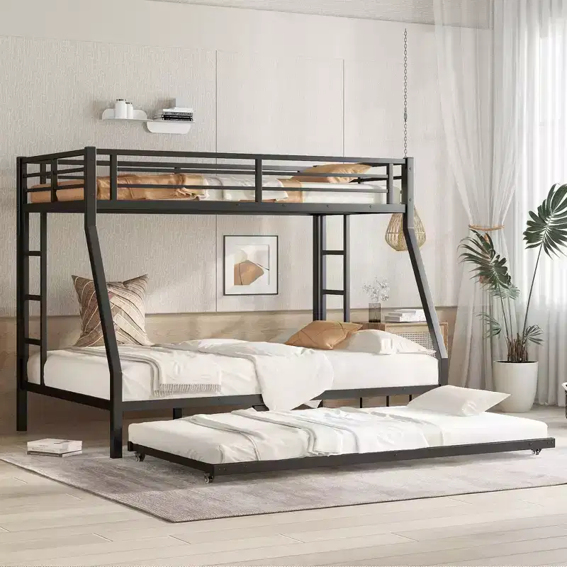 Twin over Full Metal Bunk Bed with Twin Size Trundle Black