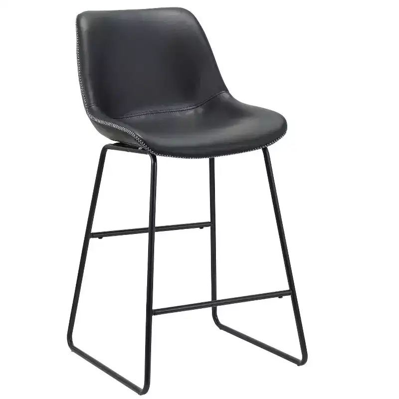 Set of 2 Black Faux Leather Low Back Counter Height Bar Chairs, Metal Frame