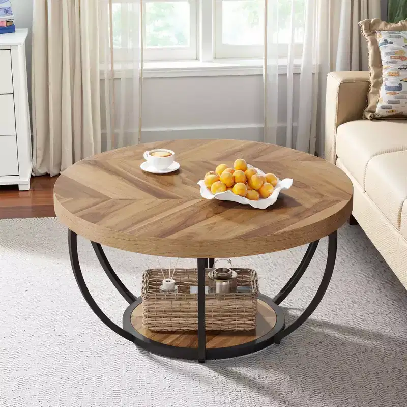 MAYEERTY 2 Tier Round Coffee Table Thickened Engineered Wood Sturdy Metal Base
