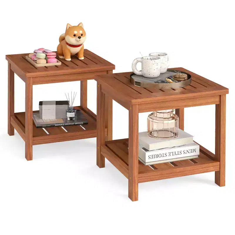 Costway 2PCS 2-Tier Adirondack Side Table w/ Slatted Tabletop Storage Shelf for Garden